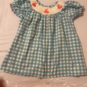 Marie Nicole smocked aqua/white Gingham Dress with pink Embroidery